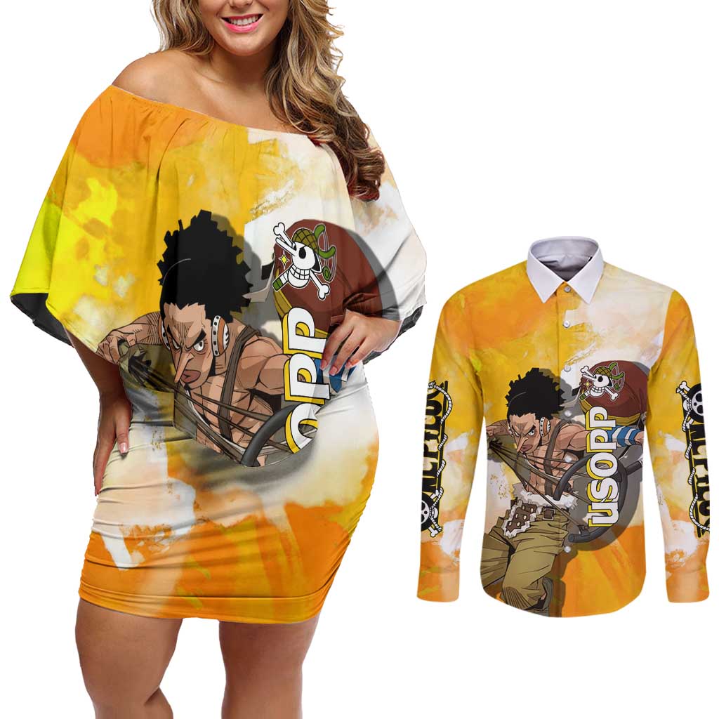 Usopp One Piece Yellow and White Theme Couples Matching Off Shoulder Short Dress and Long Sleeve Button Shirt with Sniper Pose and Sogeking Mask Design - The Mazicc