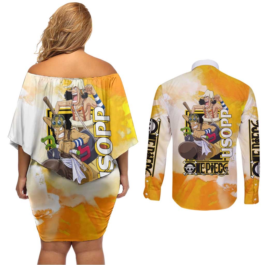 Usopp One Piece Yellow and White Theme Couples Matching Off Shoulder Short Dress and Long Sleeve Button Shirt with Sniper Pose and Sogeking Mask Design - The Mazicc