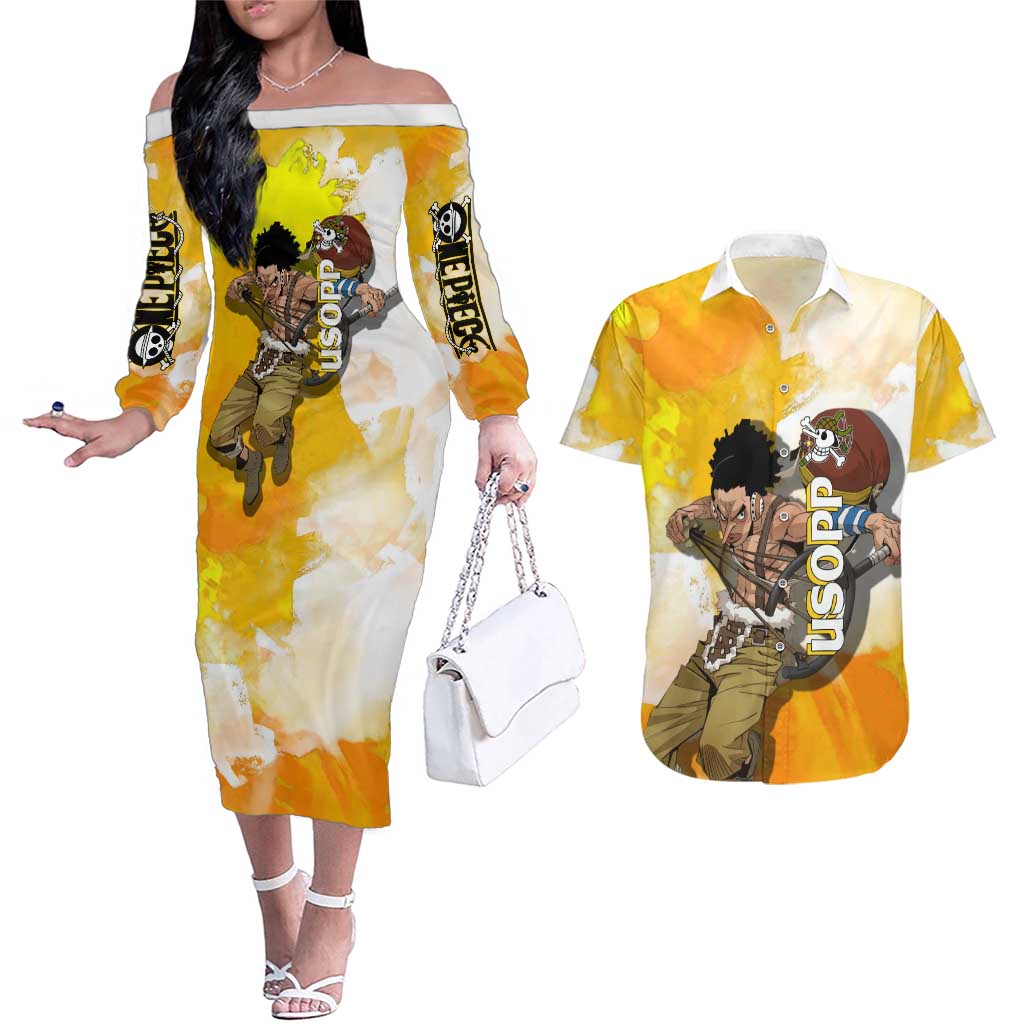Usopp One Piece Yellow and White Theme Couples Matching Off The Shoulder Long Sleeve Dress and Hawaiian Shirt with Sniper Pose and Sogeking Mask Design - The Mazicc
