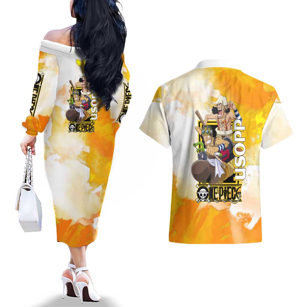 Usopp One Piece Yellow and White Theme Couples Matching Off The Shoulder Long Sleeve Dress and Hawaiian Shirt with Sniper Pose and Sogeking Mask Design - The Mazicc