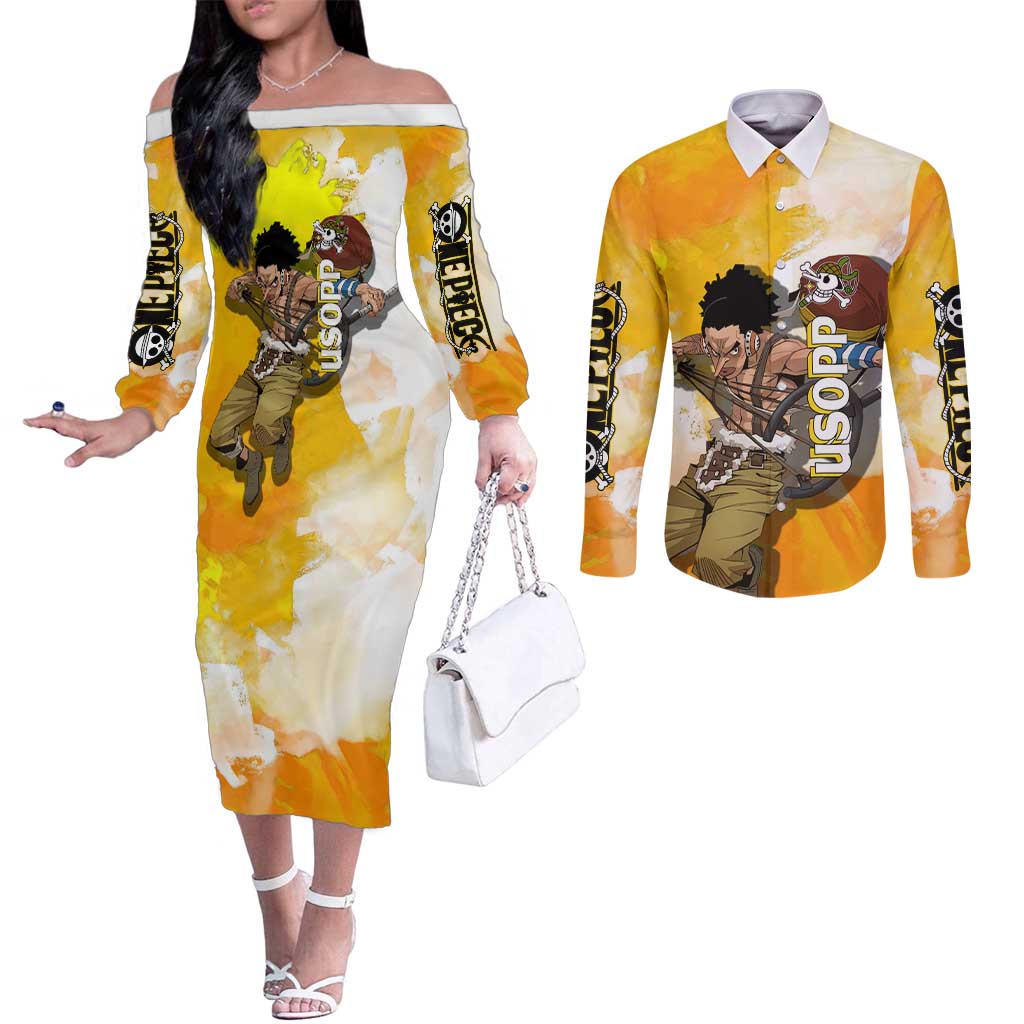 Usopp One Piece Yellow and White Theme Couples Matching Off The Shoulder Long Sleeve Dress and Long Sleeve Button Shirt with Sniper Pose and Sogeking Mask Design - The Mazicc