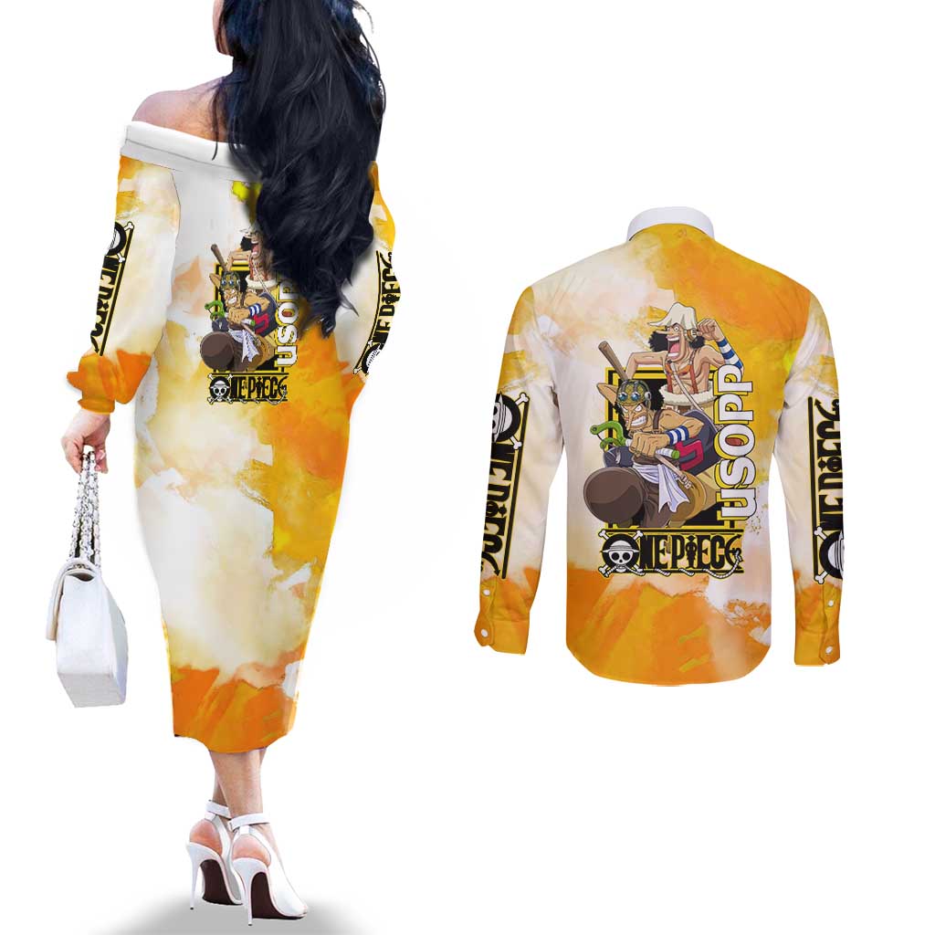 Usopp One Piece Yellow and White Theme Couples Matching Off The Shoulder Long Sleeve Dress and Long Sleeve Button Shirt with Sniper Pose and Sogeking Mask Design - The Mazicc