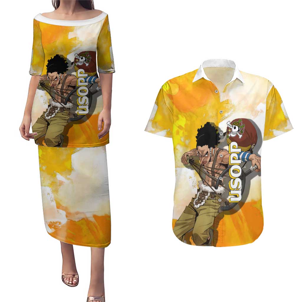 Usopp One Piece Yellow and White Theme Couples Matching Puletasi and Hawaiian Shirt with Sniper Pose and Sogeking Mask Design - The Mazicc