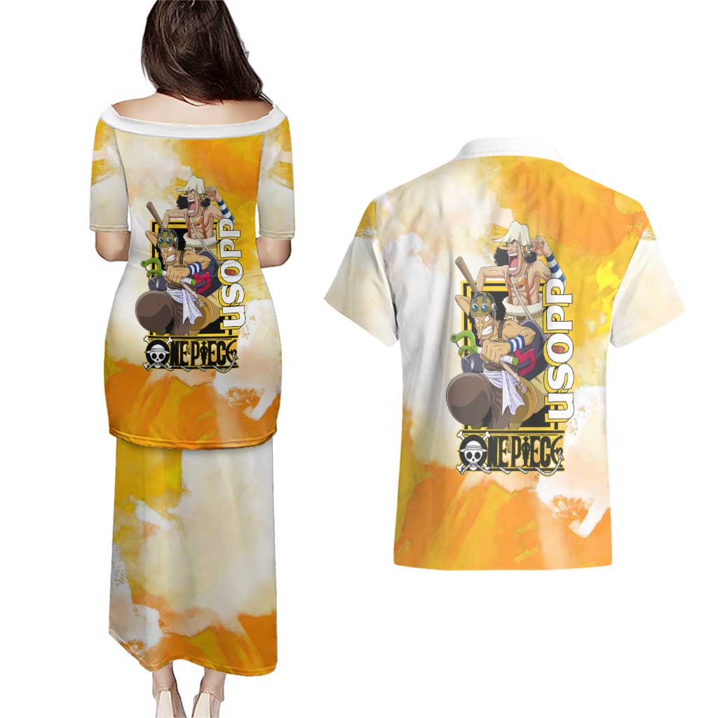 Usopp One Piece Yellow and White Theme Couples Matching Puletasi and Hawaiian Shirt with Sniper Pose and Sogeking Mask Design - The Mazicc