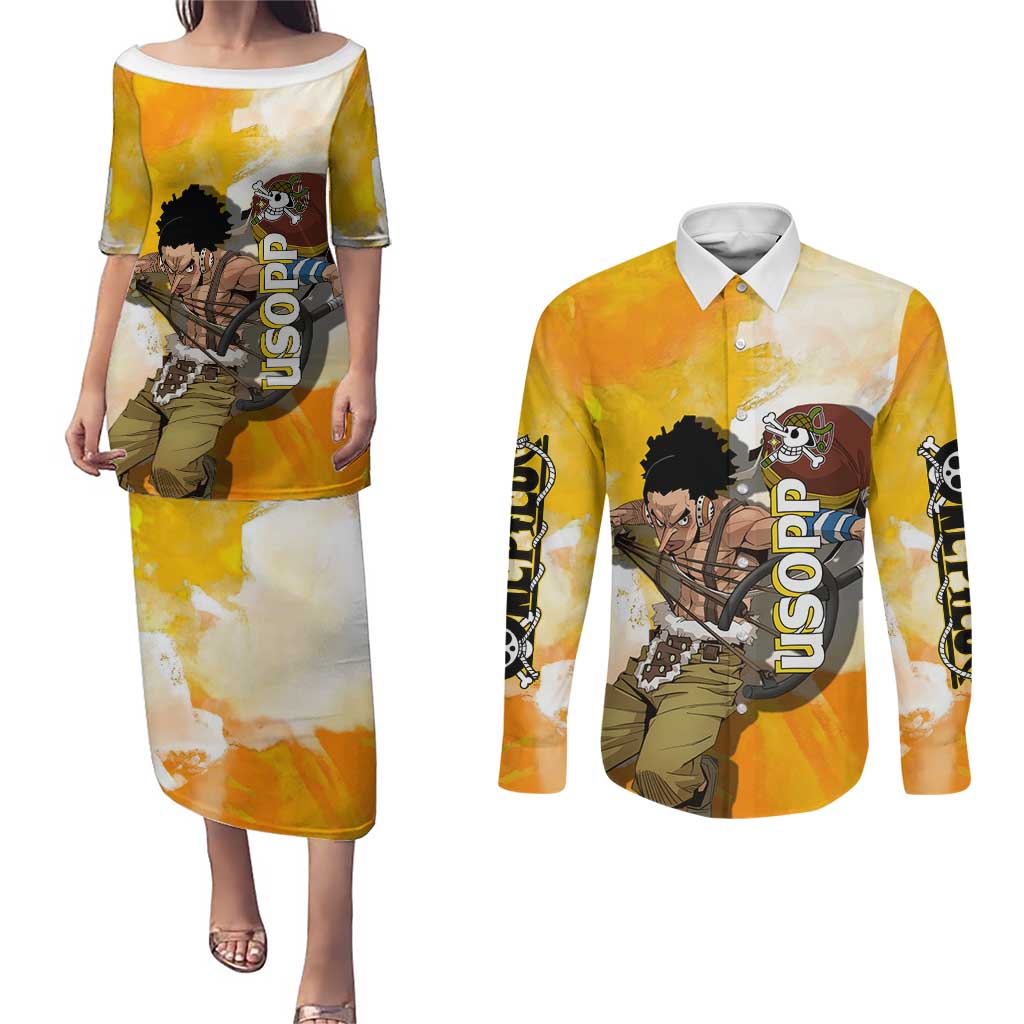 Usopp One Piece Yellow and White Theme Couples Matching Puletasi and Long Sleeve Button Shirt with Sniper Pose and Sogeking Mask Design - The Mazicc