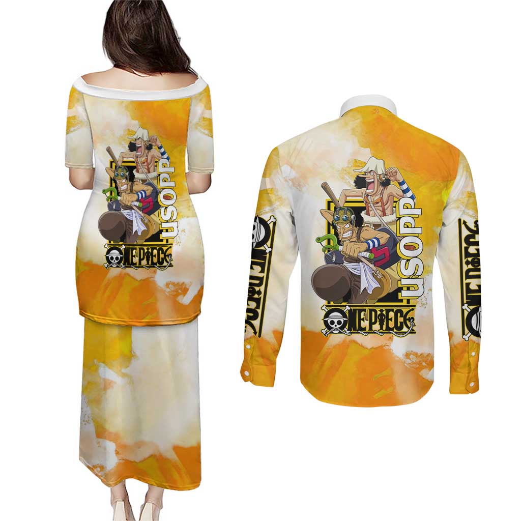 Usopp One Piece Yellow and White Theme Couples Matching Puletasi and Long Sleeve Button Shirt with Sniper Pose and Sogeking Mask Design - The Mazicc