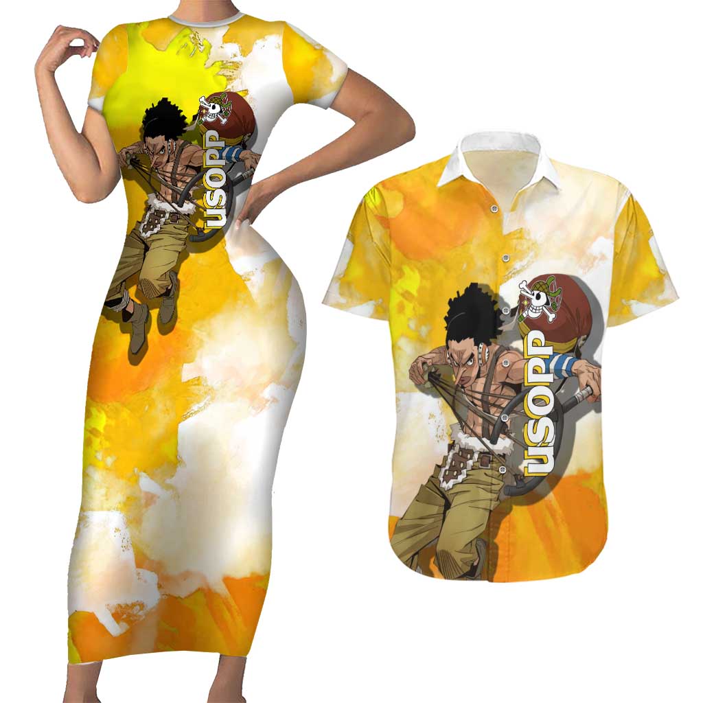 Usopp One Piece Yellow and White Theme Couples Matching Short Sleeve Bodycon Dress and Hawaiian Shirt with Sniper Pose and Sogeking Mask Design - The Mazicc