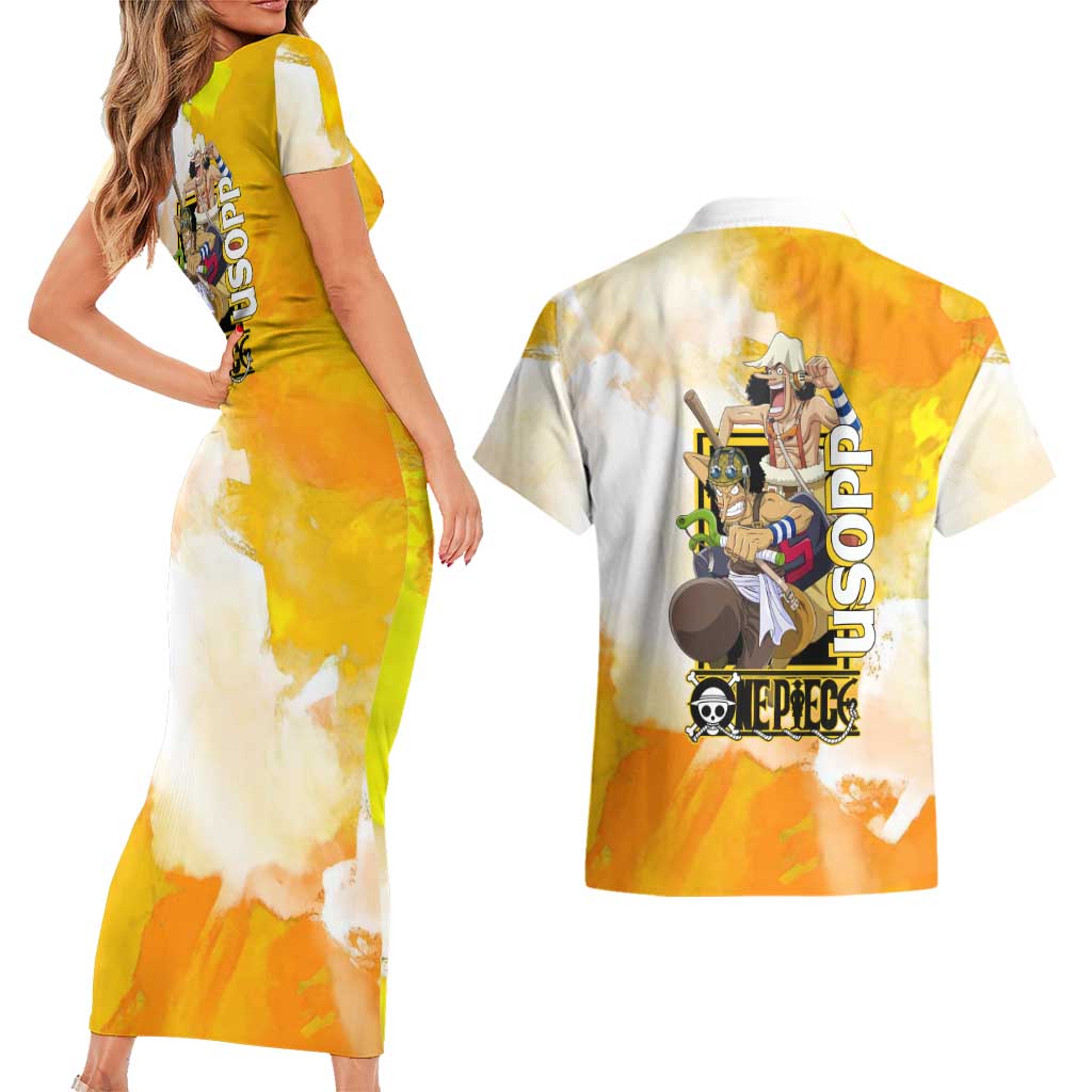 Usopp One Piece Yellow and White Theme Couples Matching Short Sleeve Bodycon Dress and Hawaiian Shirt with Sniper Pose and Sogeking Mask Design - The Mazicc