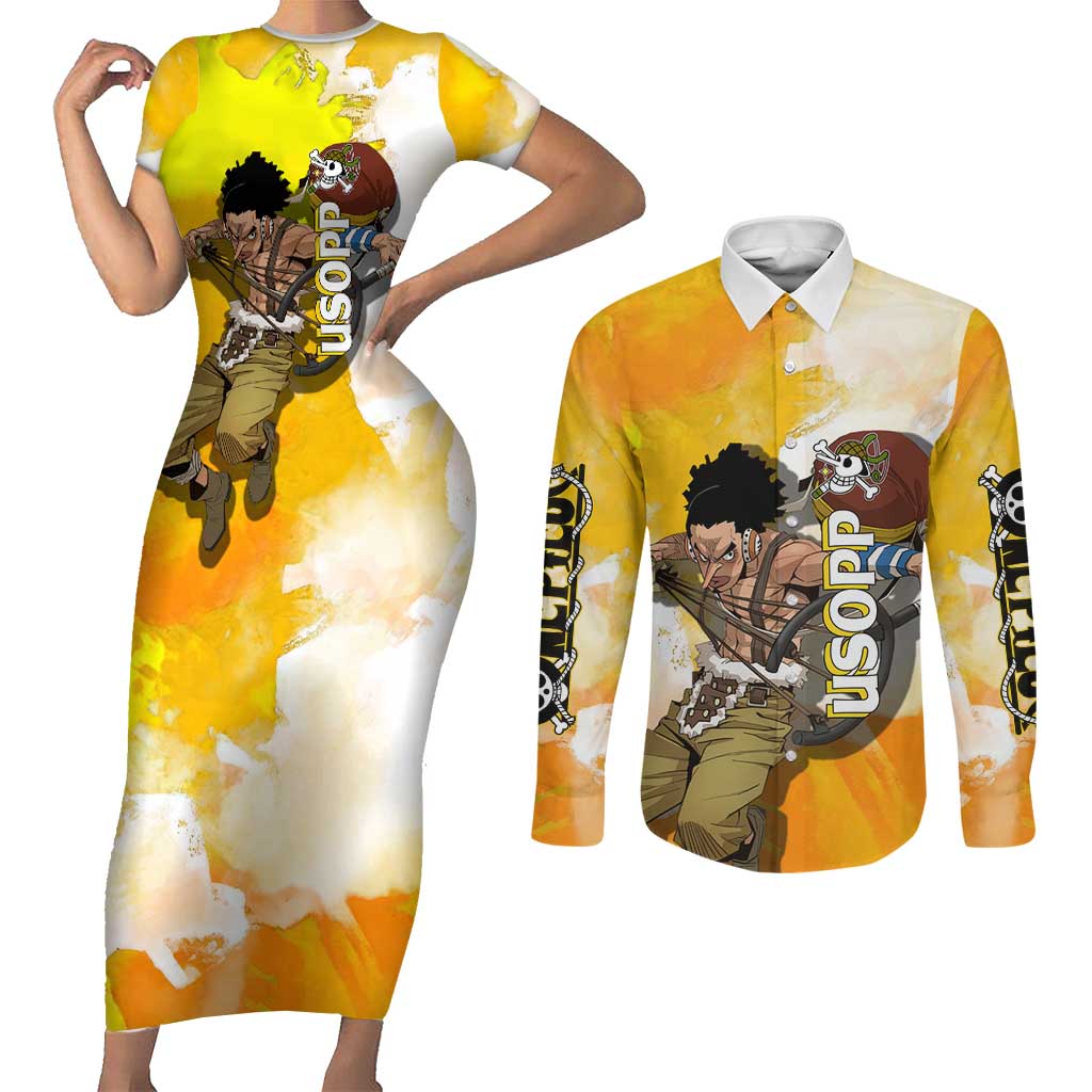 Usopp One Piece Yellow and White Theme Couples Matching Short Sleeve Bodycon Dress and Long Sleeve Button Shirt with Sniper Pose and Sogeking Mask Design - The Mazicc