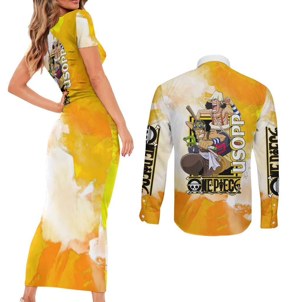 Usopp One Piece Yellow and White Theme Couples Matching Short Sleeve Bodycon Dress and Long Sleeve Button Shirt with Sniper Pose and Sogeking Mask Design - The Mazicc