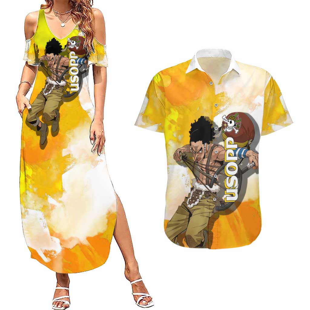 Usopp One Piece Yellow and White Theme Couples Matching Summer Maxi Dress and Hawaiian Shirt with Sniper Pose and Sogeking Mask Design - The Mazicc