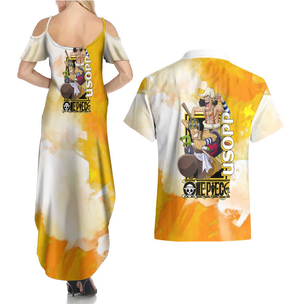 Usopp One Piece Yellow and White Theme Couples Matching Summer Maxi Dress and Hawaiian Shirt with Sniper Pose and Sogeking Mask Design - The Mazicc