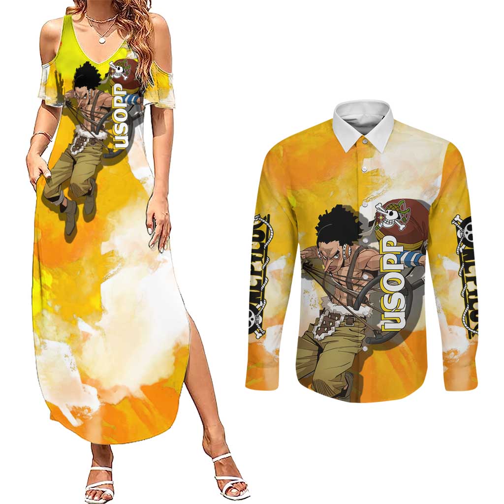 Usopp One Piece Yellow and White Theme Couples Matching Summer Maxi Dress and Long Sleeve Button Shirt with Sniper Pose and Sogeking Mask Design - The Mazicc