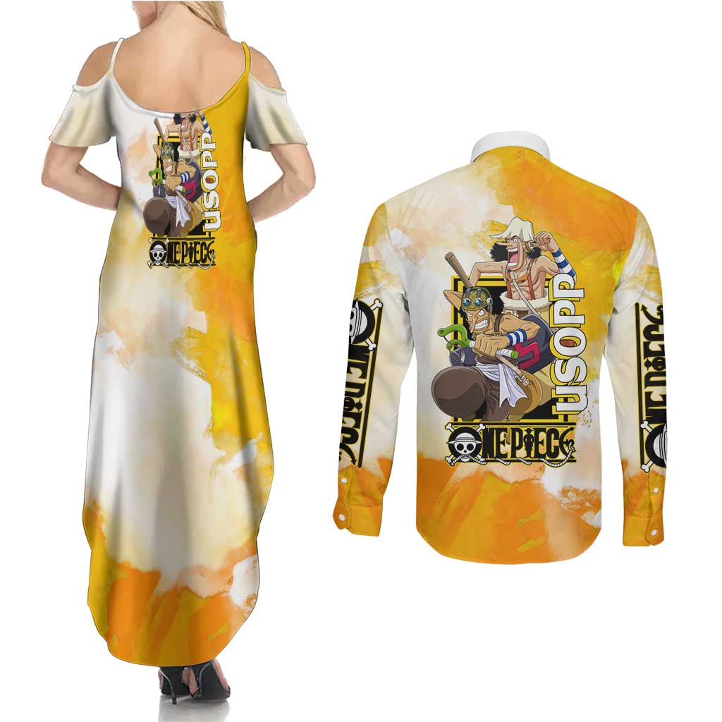 Usopp One Piece Yellow and White Theme Couples Matching Summer Maxi Dress and Long Sleeve Button Shirt with Sniper Pose and Sogeking Mask Design - The Mazicc