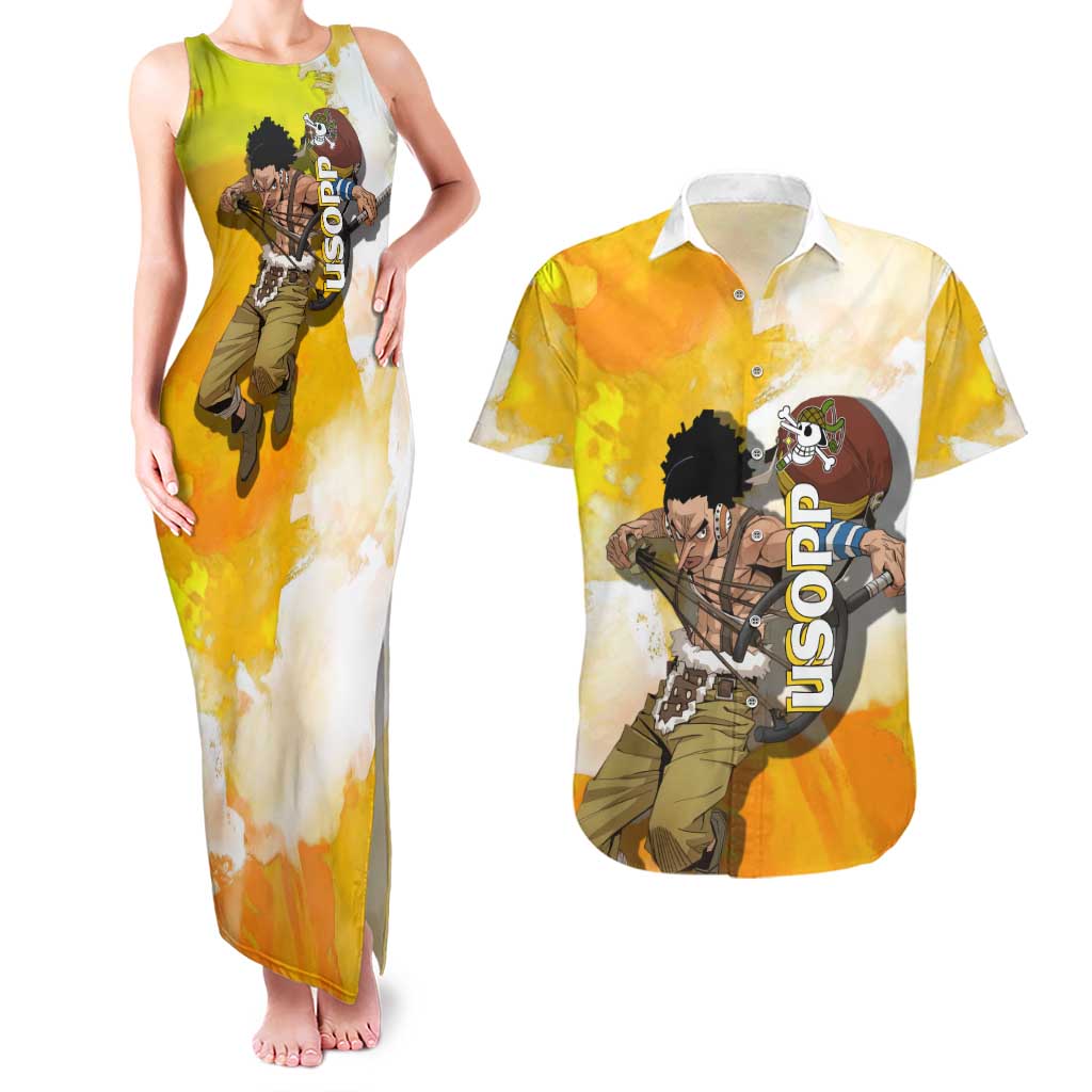 Usopp One Piece Yellow and White Theme Couples Matching Tank Maxi Dress and Hawaiian Shirt with Sniper Pose and Sogeking Mask Design - The Mazicc