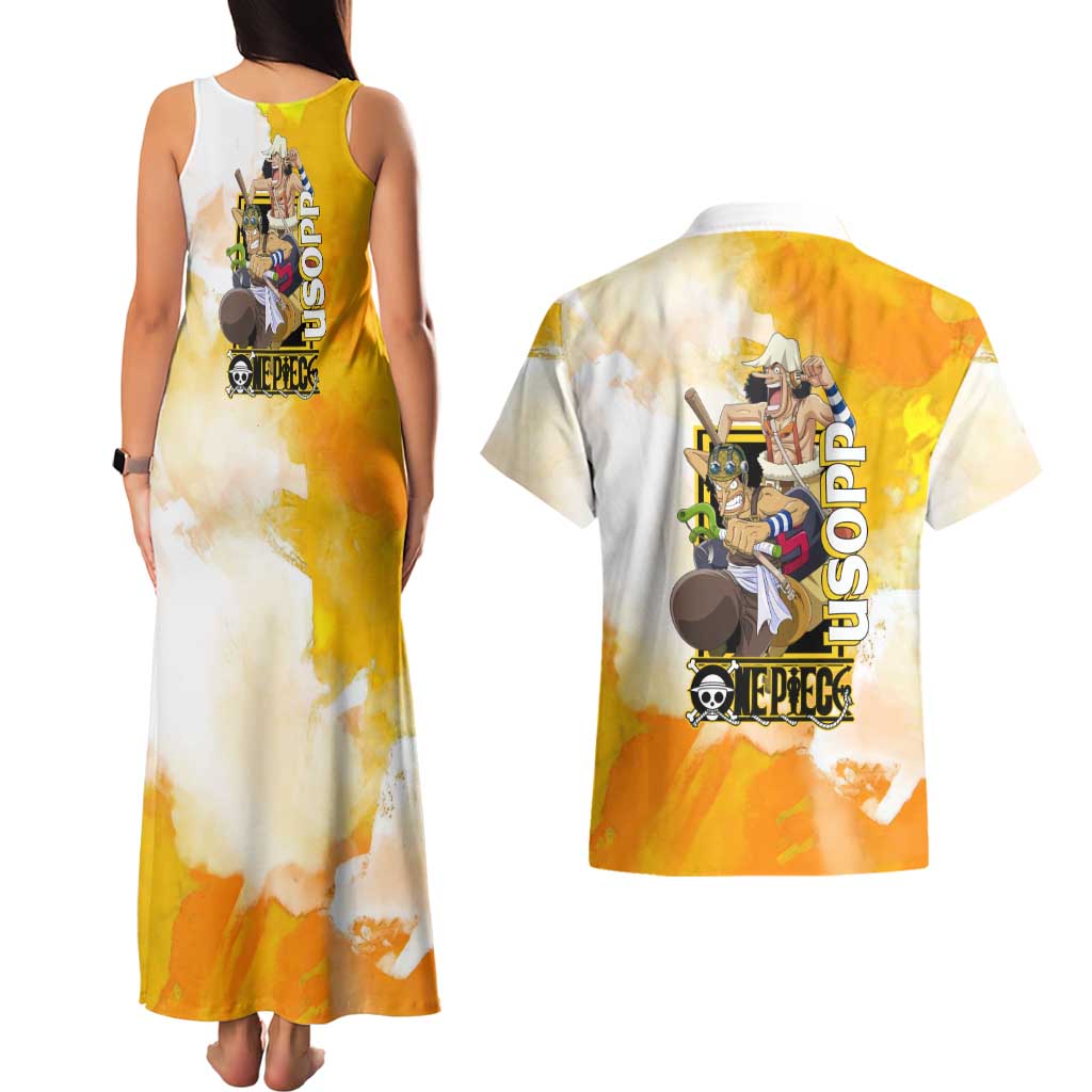 Usopp One Piece Yellow and White Theme Couples Matching Tank Maxi Dress and Hawaiian Shirt with Sniper Pose and Sogeking Mask Design - The Mazicc