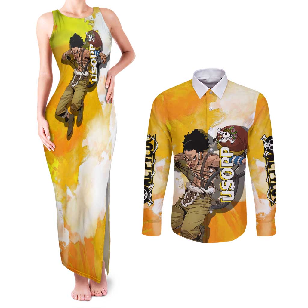 Usopp One Piece Yellow and White Theme Couples Matching Tank Maxi Dress and Long Sleeve Button Shirt with Sniper Pose and Sogeking Mask Design - The Mazicc