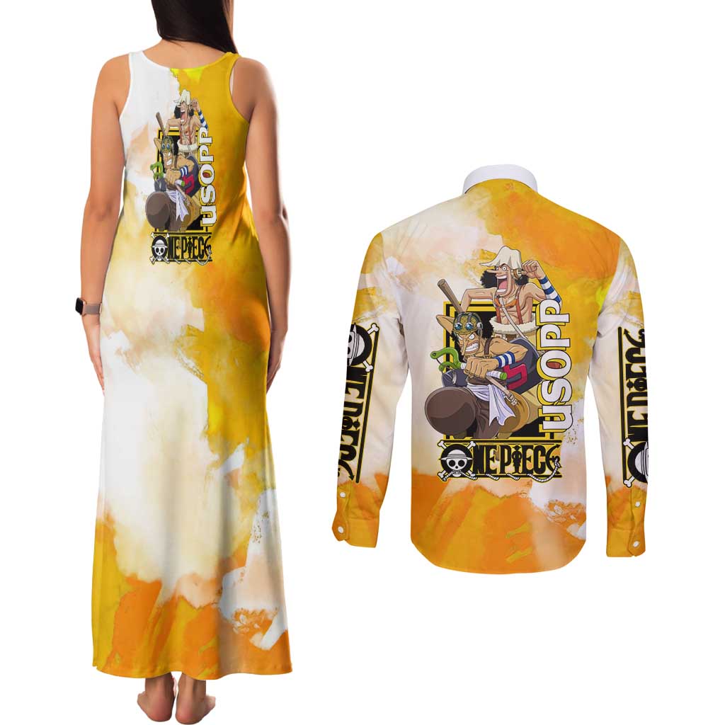 Usopp One Piece Yellow and White Theme Couples Matching Tank Maxi Dress and Long Sleeve Button Shirt with Sniper Pose and Sogeking Mask Design - The Mazicc