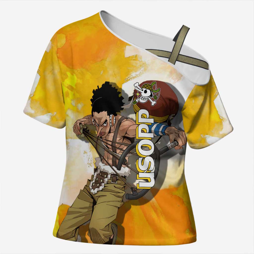 Usopp One Piece Yellow and White Theme Cross Shoulder Shirt with Sniper Pose and Sogeking Mask Design - The Mazicc