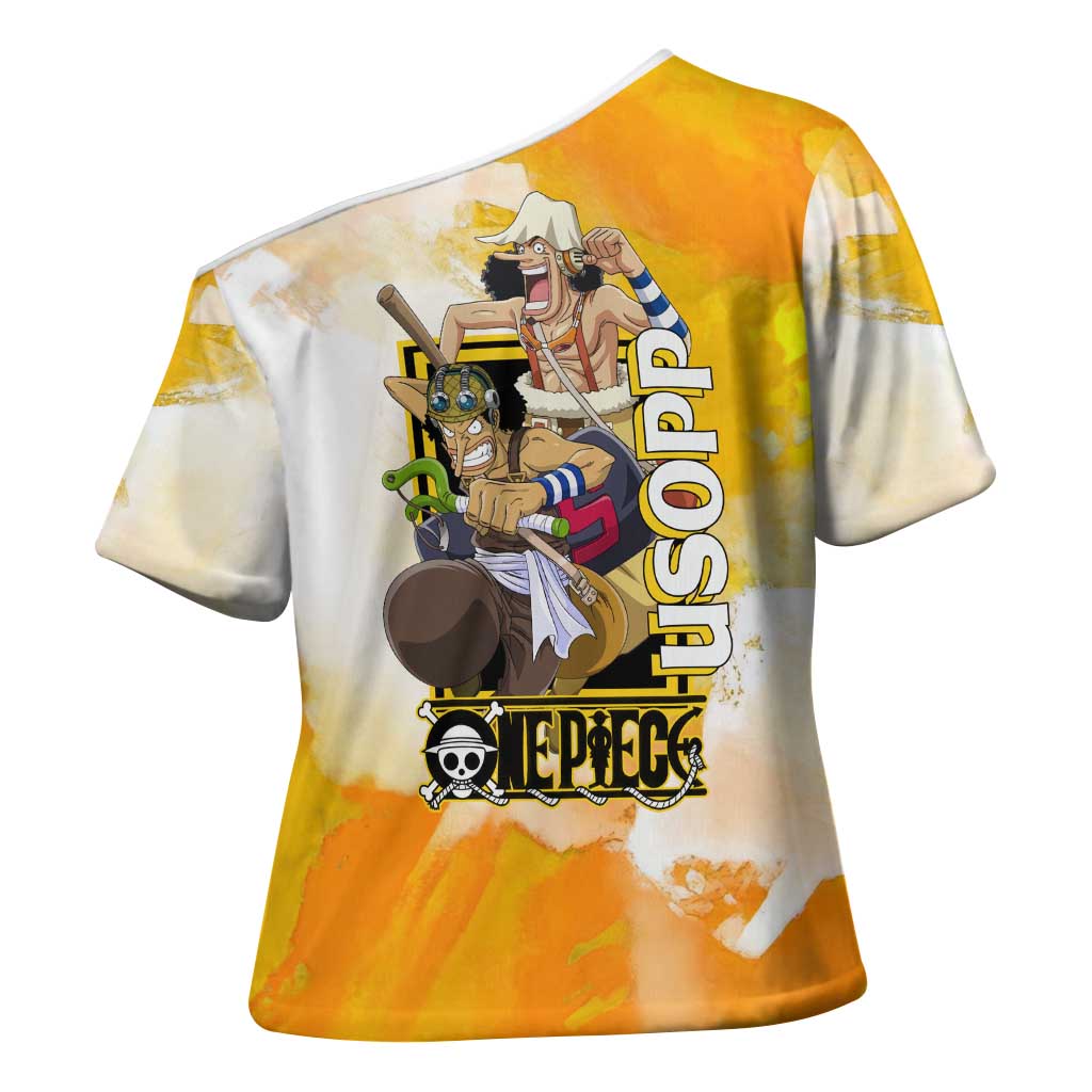 Usopp One Piece Yellow and White Theme Cross Shoulder Shirt with Sniper Pose and Sogeking Mask Design - The Mazicc
