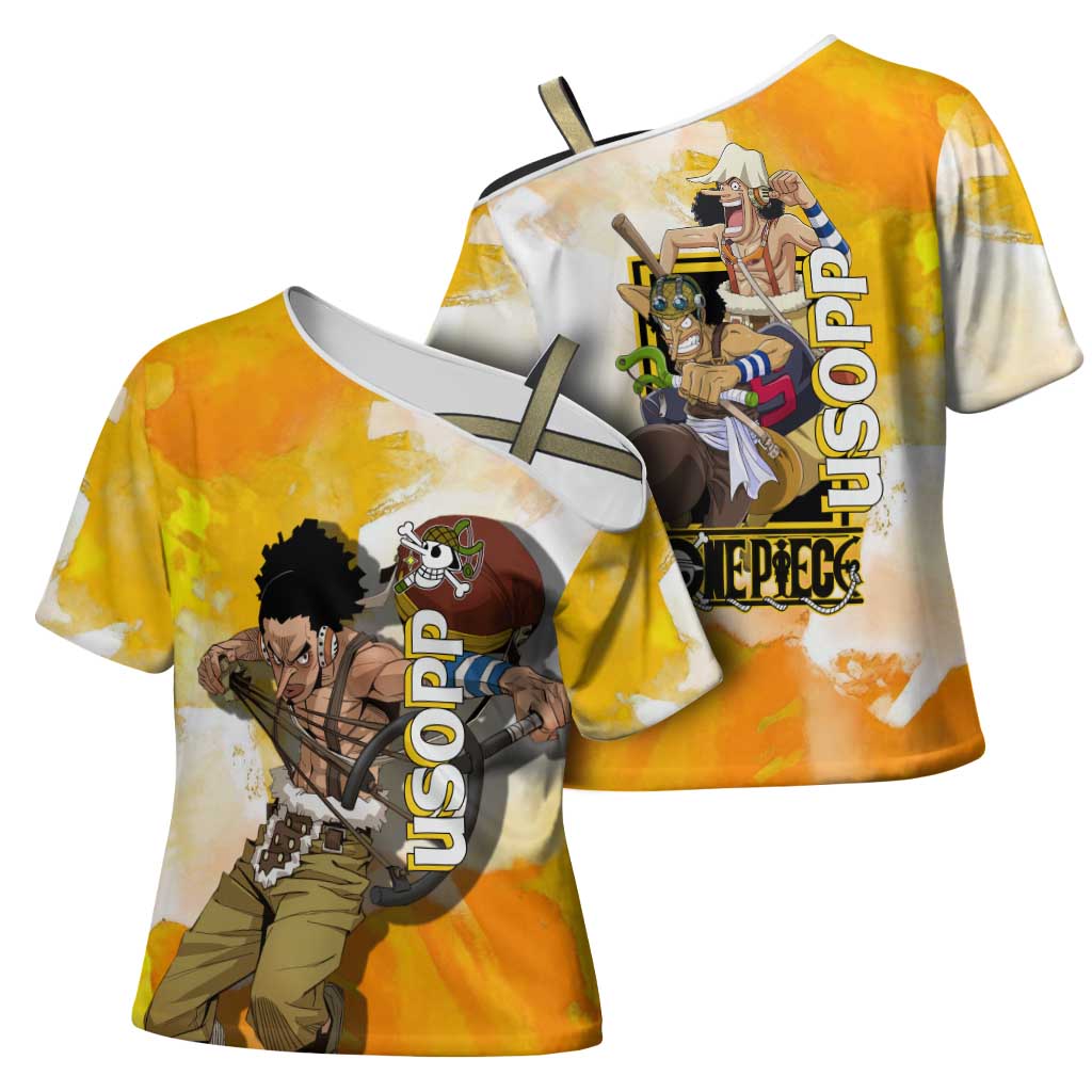 Usopp One Piece Yellow and White Theme Cross Shoulder Shirt with Sniper Pose and Sogeking Mask Design - The Mazicc