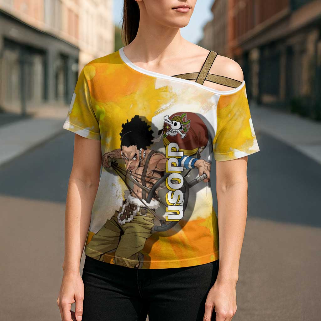 Usopp One Piece Yellow and White Theme Cross Shoulder Shirt with Sniper Pose and Sogeking Mask Design - The Mazicc