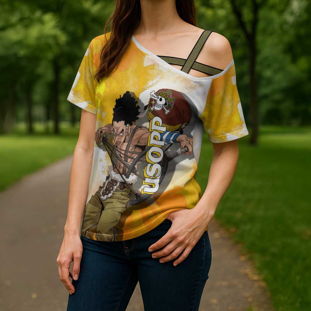 Usopp One Piece Yellow and White Theme Cross Shoulder Shirt with Sniper Pose and Sogeking Mask Design - The Mazicc