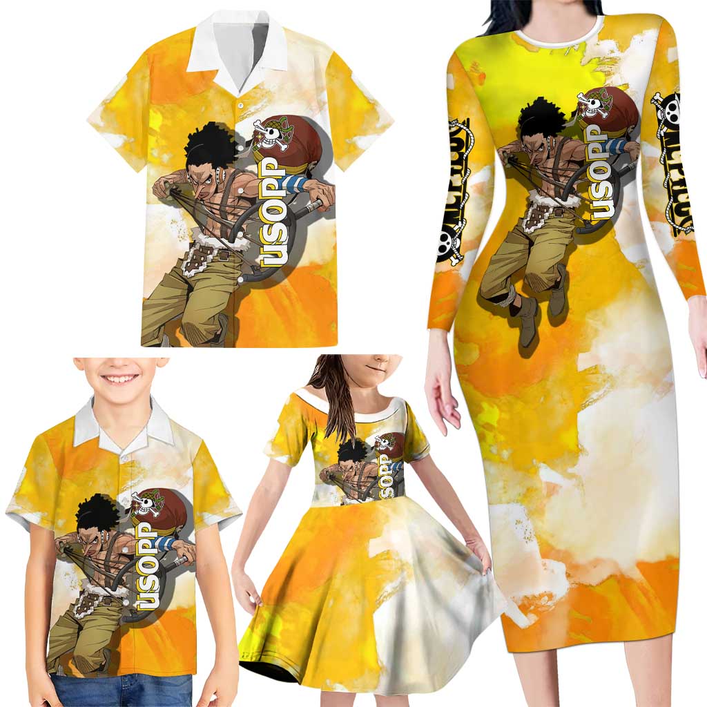 Usopp One Piece Yellow and White Theme Family Matching Long Sleeve Bodycon Dress and Hawaiian Shirt with Sniper Pose and Sogeking Mask Design
