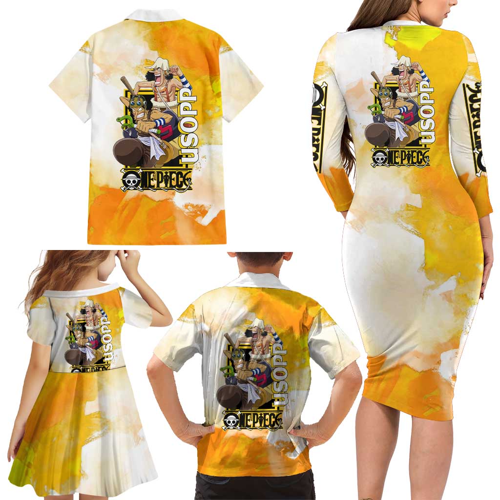 Usopp One Piece Yellow and White Theme Family Matching Long Sleeve Bodycon Dress and Hawaiian Shirt with Sniper Pose and Sogeking Mask Design