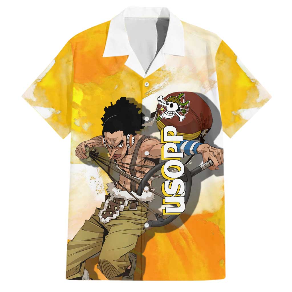 Usopp One Piece Yellow and White Theme Family Matching Long Sleeve Bodycon Dress and Hawaiian Shirt with Sniper Pose and Sogeking Mask Design