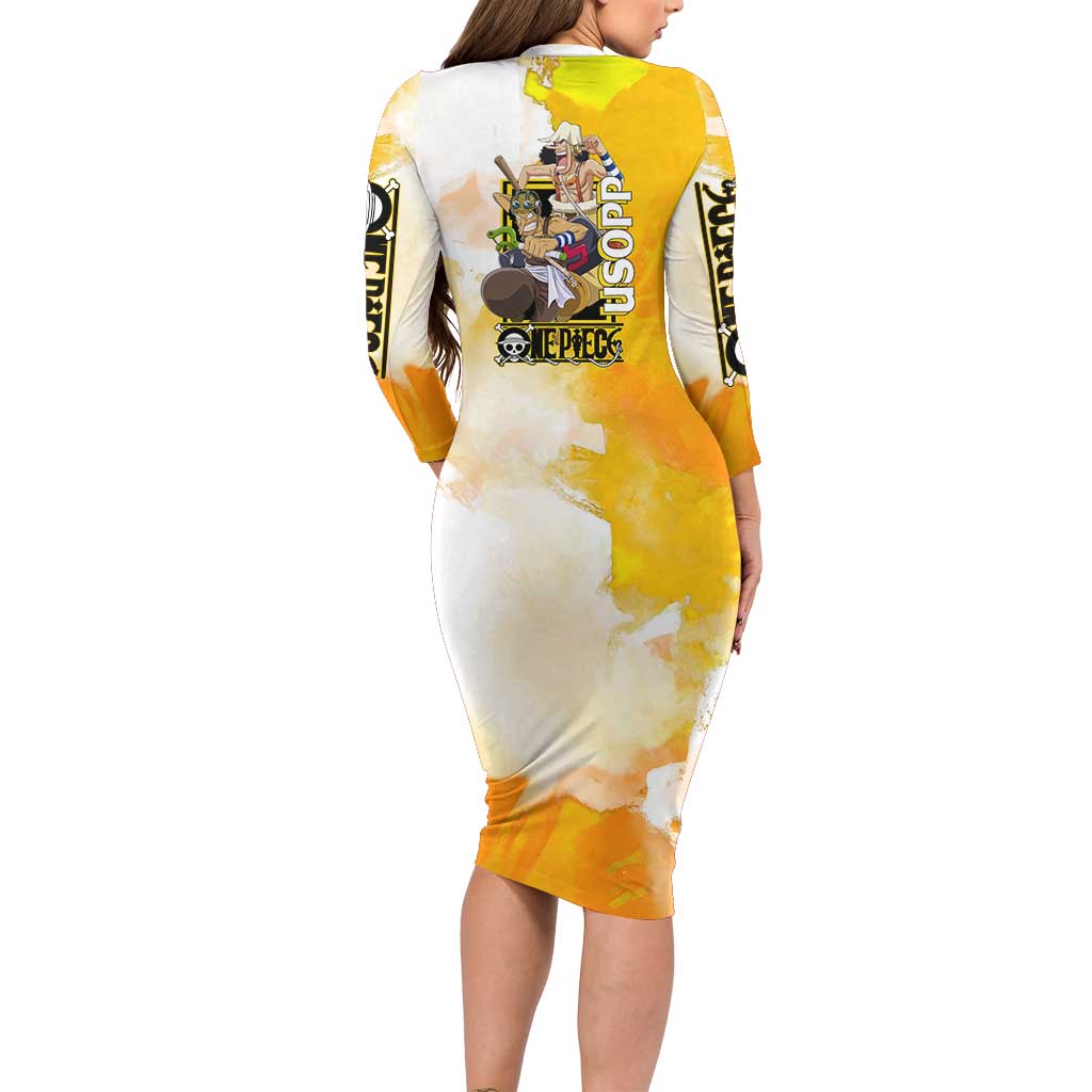Usopp One Piece Yellow and White Theme Family Matching Long Sleeve Bodycon Dress and Hawaiian Shirt with Sniper Pose and Sogeking Mask Design