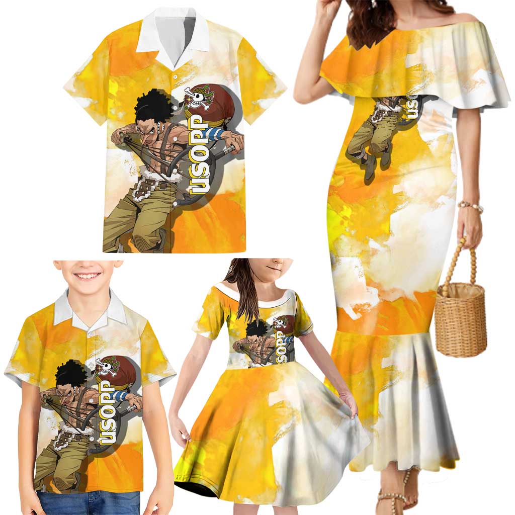 Usopp One Piece Yellow and White Theme Family Matching Mermaid Dress and Hawaiian Shirt with Sniper Pose and Sogeking Mask Design