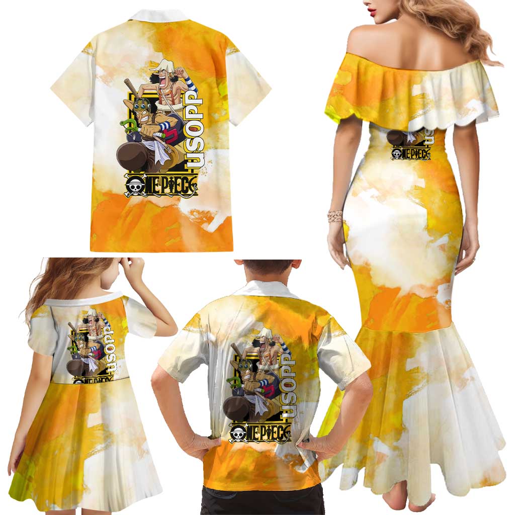 Usopp One Piece Yellow and White Theme Family Matching Mermaid Dress and Hawaiian Shirt with Sniper Pose and Sogeking Mask Design