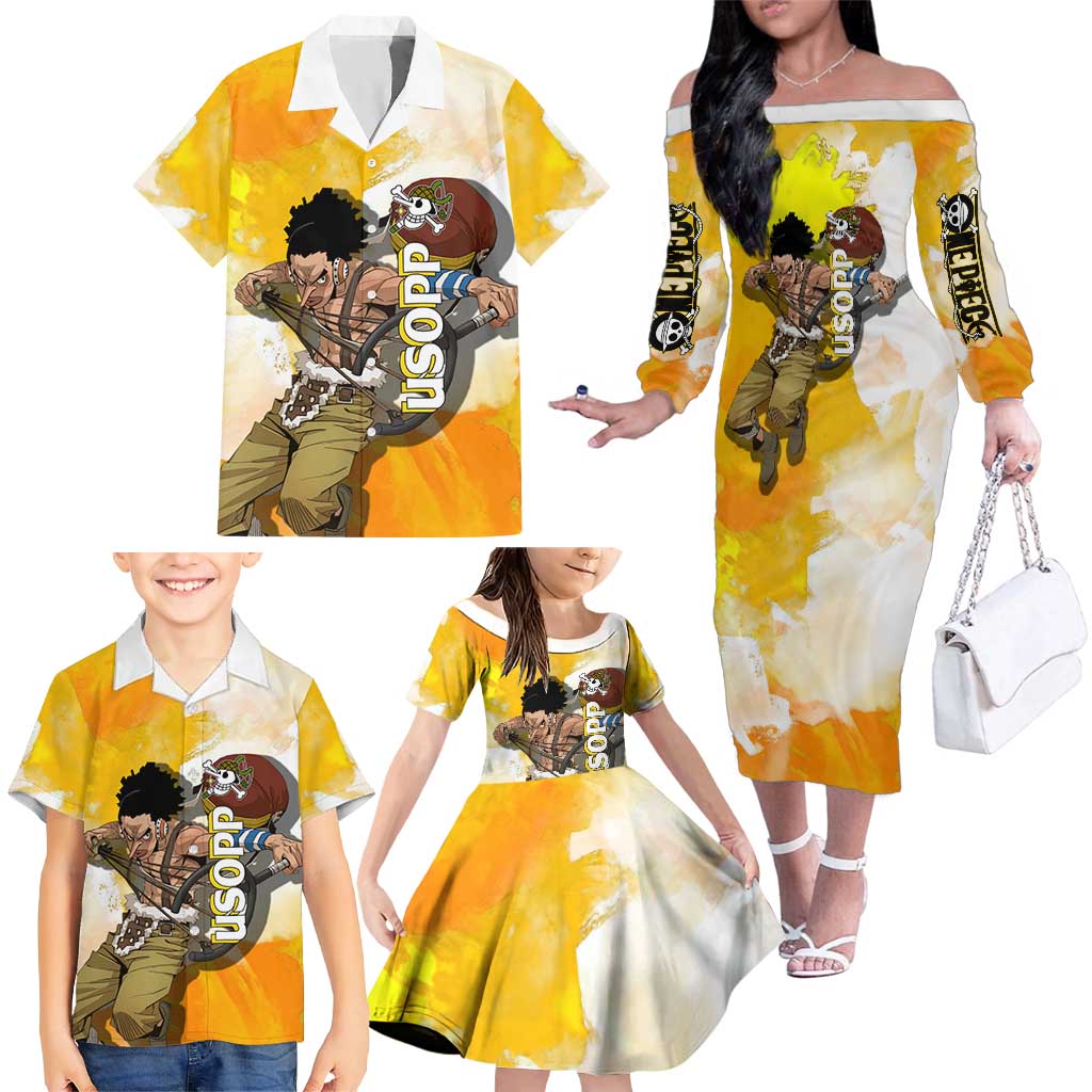 Usopp One Piece Yellow and White Theme Family Matching Off The Shoulder Long Sleeve Dress and Hawaiian Shirt with Sniper Pose and Sogeking Mask Design