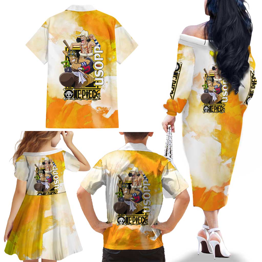 Usopp One Piece Yellow and White Theme Family Matching Off The Shoulder Long Sleeve Dress and Hawaiian Shirt with Sniper Pose and Sogeking Mask Design