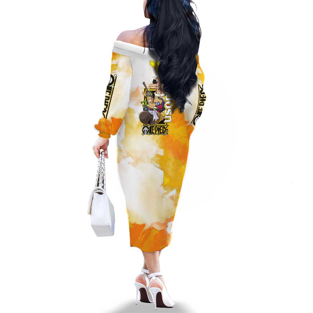 Usopp One Piece Yellow and White Theme Family Matching Off The Shoulder Long Sleeve Dress and Hawaiian Shirt with Sniper Pose and Sogeking Mask Design