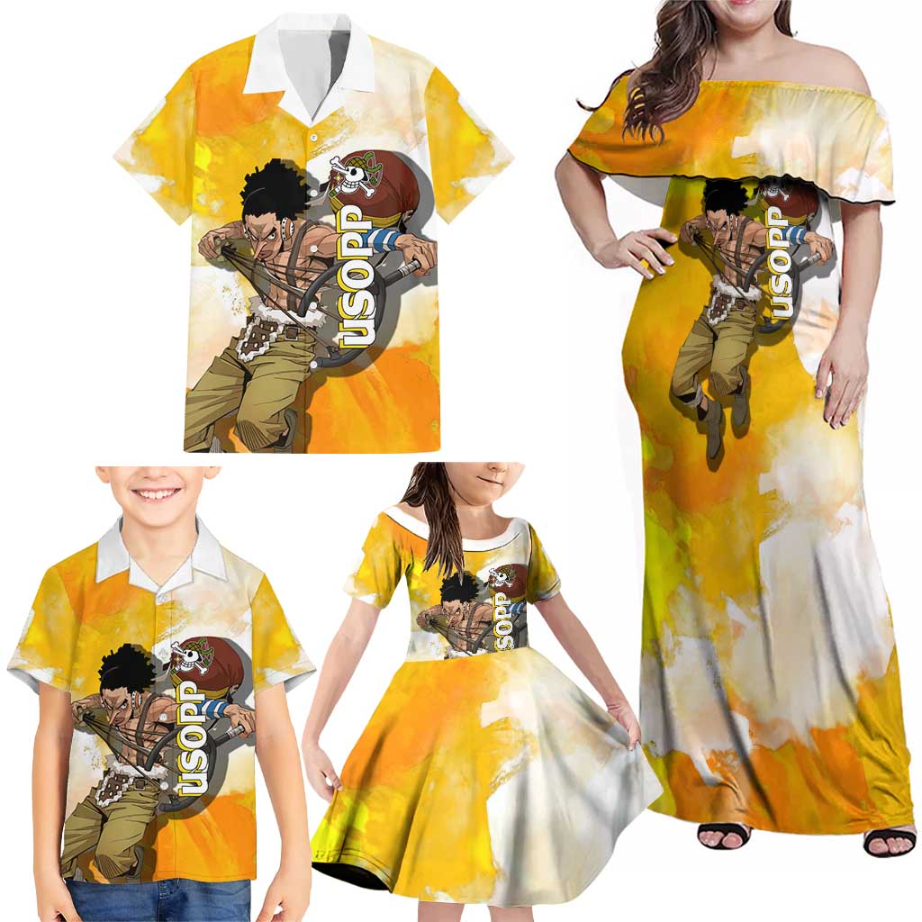 Usopp One Piece Yellow and White Theme Family Matching Off Shoulder Maxi Dress and Hawaiian Shirt with Sniper Pose and Sogeking Mask Design