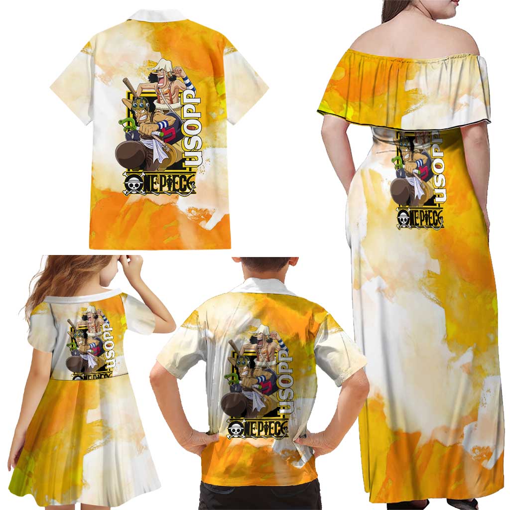Usopp One Piece Yellow and White Theme Family Matching Off Shoulder Maxi Dress and Hawaiian Shirt with Sniper Pose and Sogeking Mask Design