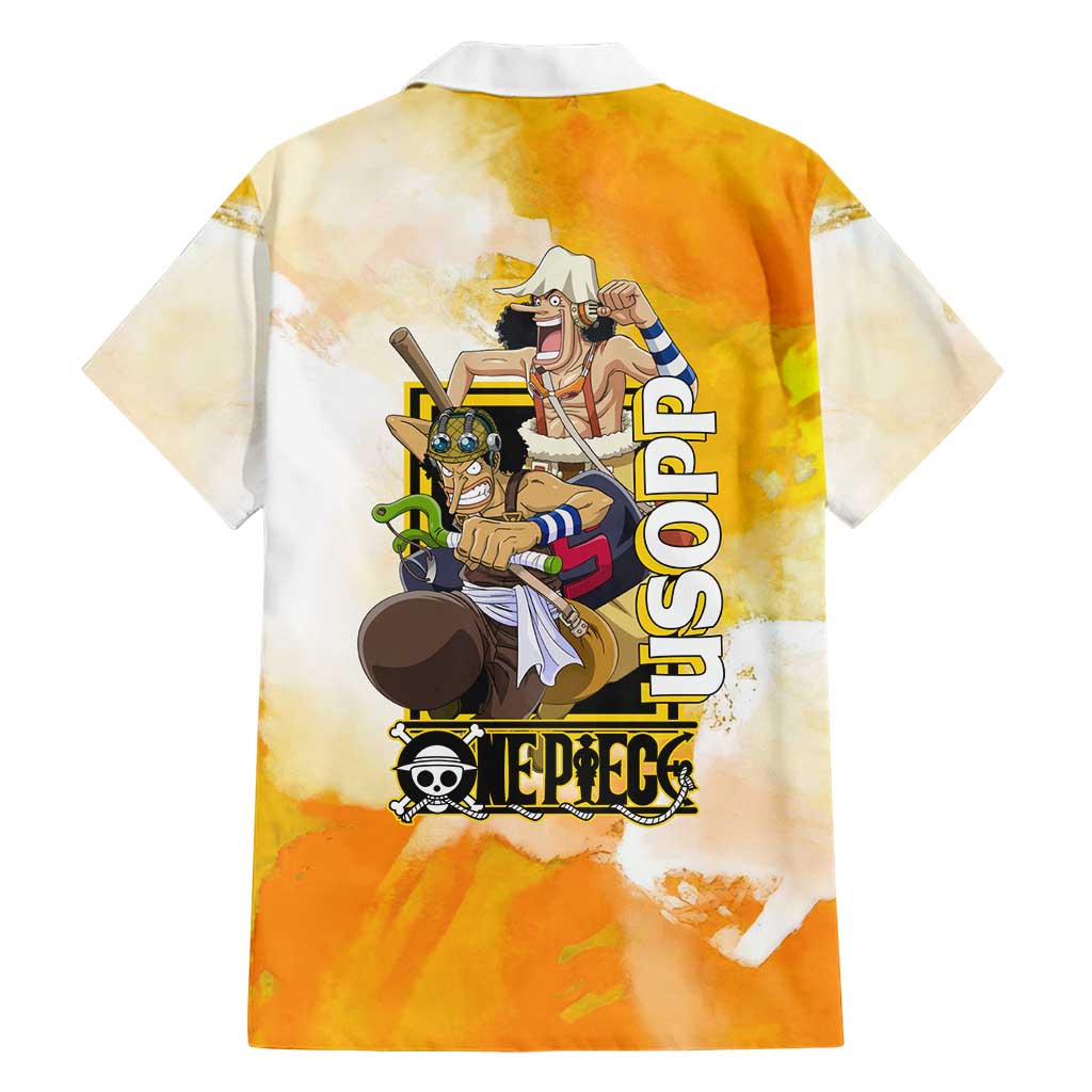 Usopp One Piece Yellow and White Theme Family Matching Off Shoulder Maxi Dress and Hawaiian Shirt with Sniper Pose and Sogeking Mask Design