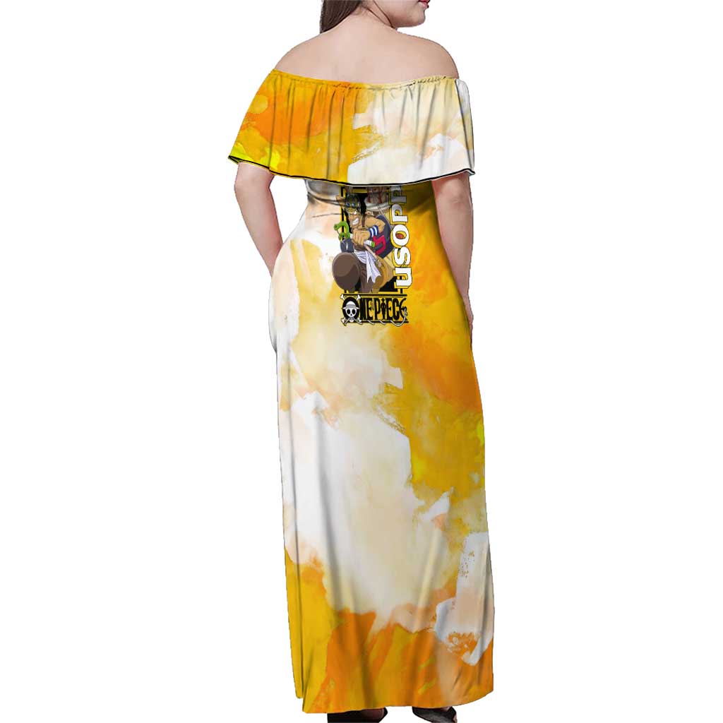 Usopp One Piece Yellow and White Theme Family Matching Off Shoulder Maxi Dress and Hawaiian Shirt with Sniper Pose and Sogeking Mask Design