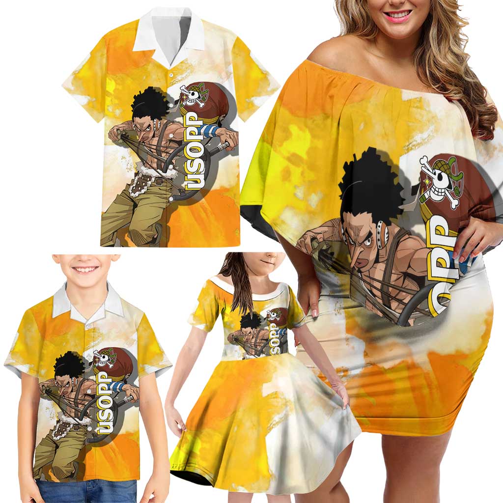 Usopp One Piece Yellow and White Theme Family Matching Off Shoulder Short Dress and Hawaiian Shirt with Sniper Pose and Sogeking Mask Design