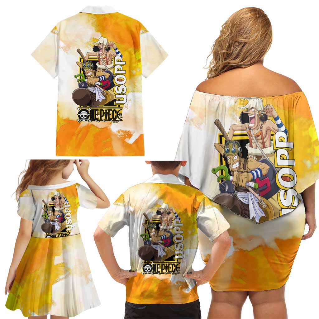Usopp One Piece Yellow and White Theme Family Matching Off Shoulder Short Dress and Hawaiian Shirt with Sniper Pose and Sogeking Mask Design