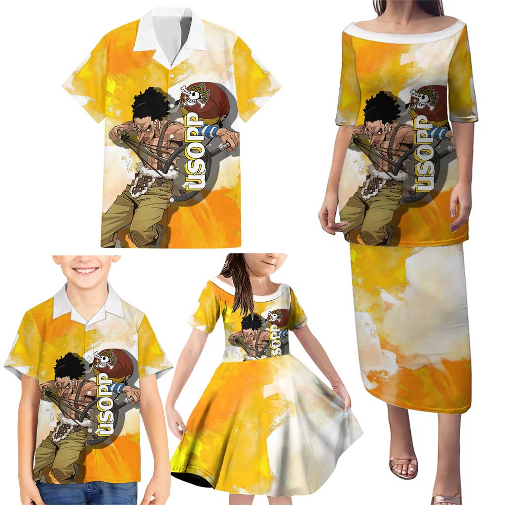 Usopp One Piece Yellow and White Theme Family Matching Puletasi and Hawaiian Shirt with Sniper Pose and Sogeking Mask Design