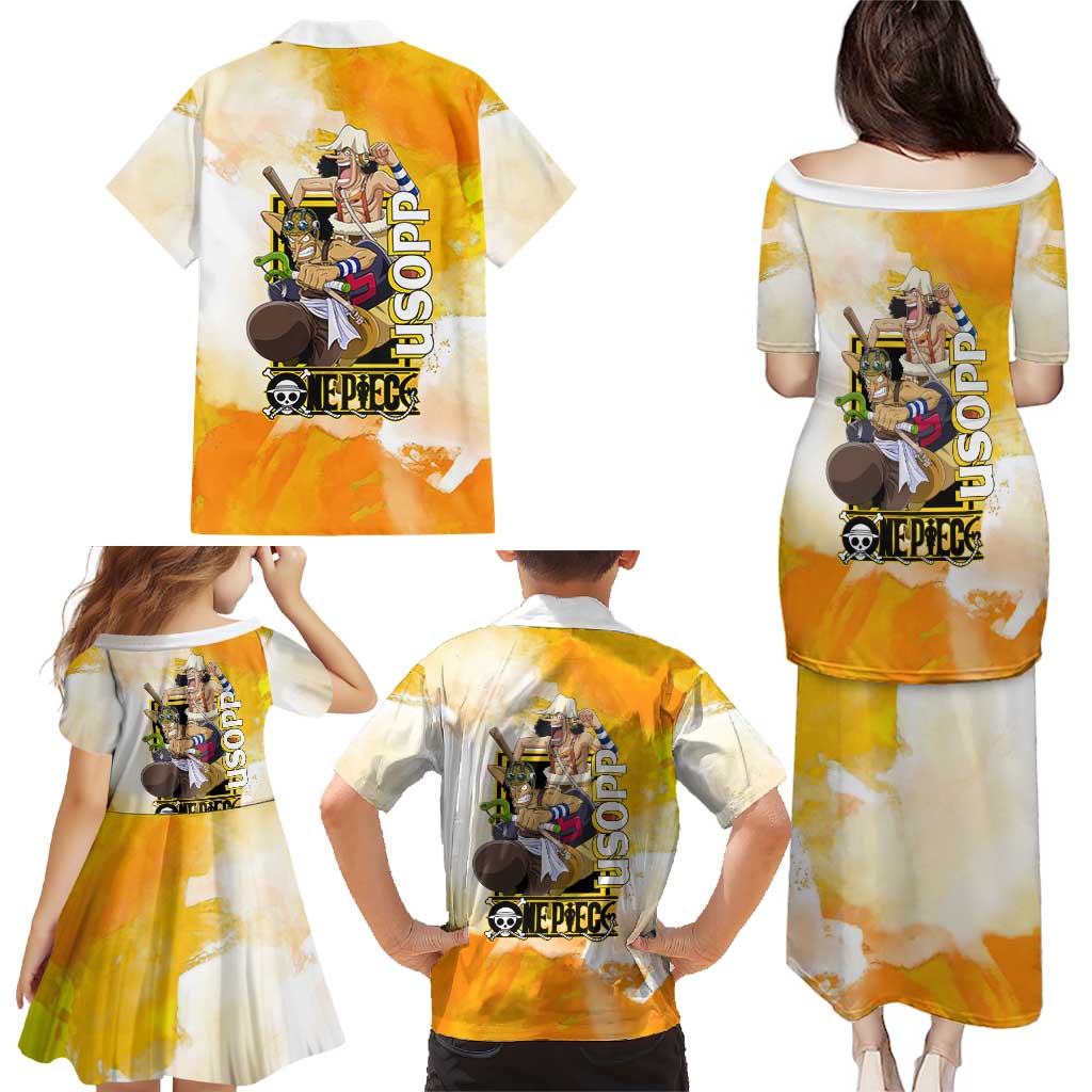 Usopp One Piece Yellow and White Theme Family Matching Puletasi and Hawaiian Shirt with Sniper Pose and Sogeking Mask Design