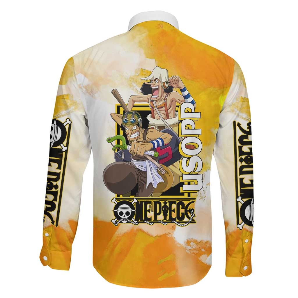 Usopp One Piece Yellow and White Theme Family Matching Puletasi and Hawaiian Shirt with Sniper Pose and Sogeking Mask Design