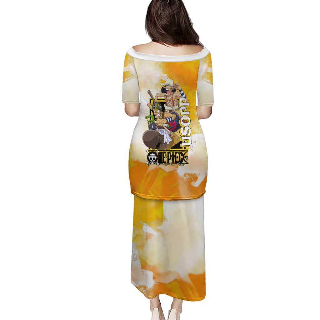 Usopp One Piece Yellow and White Theme Family Matching Puletasi and Hawaiian Shirt with Sniper Pose and Sogeking Mask Design