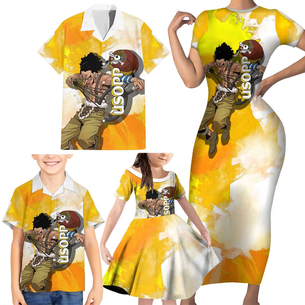 Usopp One Piece Yellow and White Theme Family Matching Short Sleeve Bodycon Dress and Hawaiian Shirt with Sniper Pose and Sogeking Mask Design
