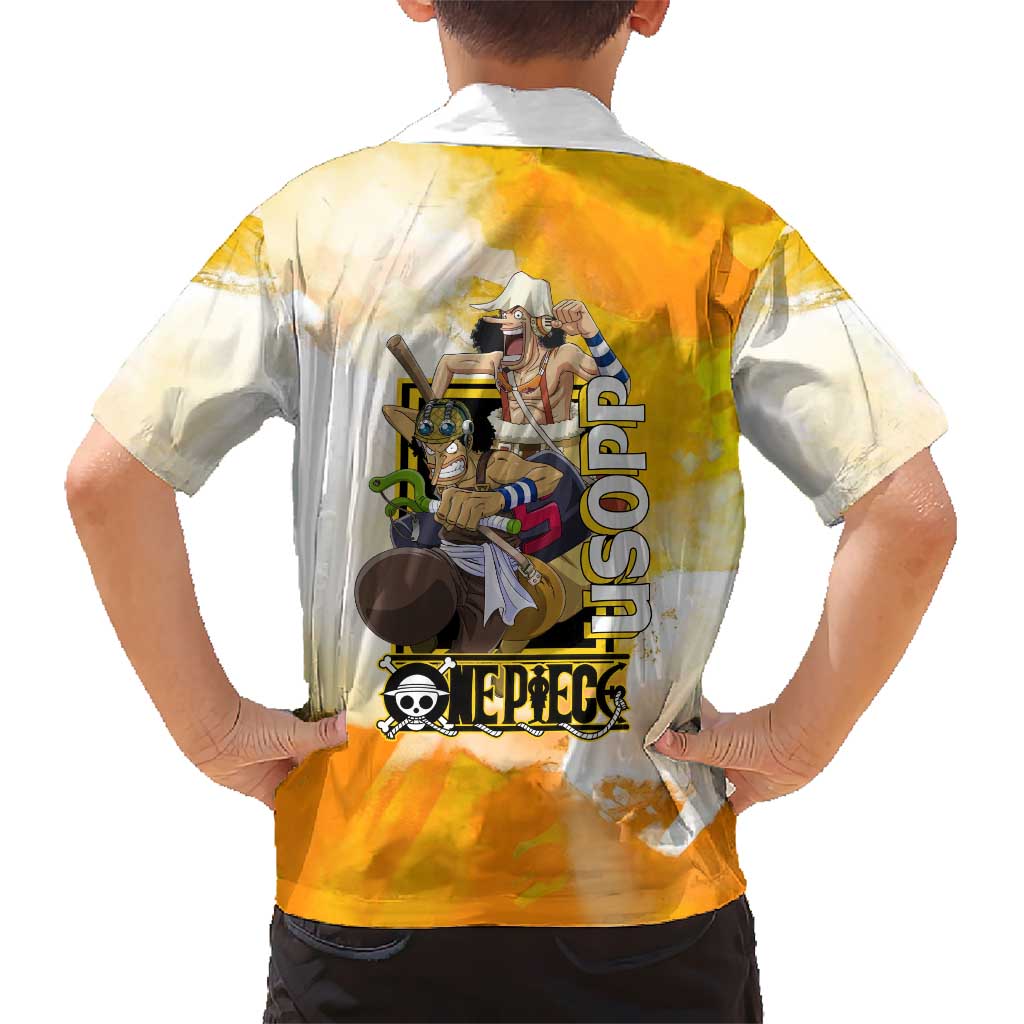 Usopp One Piece Yellow and White Theme Family Matching Short Sleeve Bodycon Dress and Hawaiian Shirt with Sniper Pose and Sogeking Mask Design