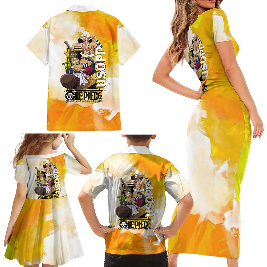 Usopp One Piece Yellow and White Theme Family Matching Short Sleeve Bodycon Dress and Hawaiian Shirt with Sniper Pose and Sogeking Mask Design