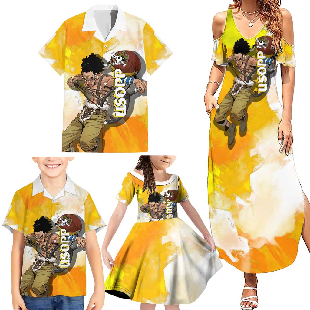 Usopp One Piece Yellow and White Theme Family Matching Summer Maxi Dress and Hawaiian Shirt with Sniper Pose and Sogeking Mask Design